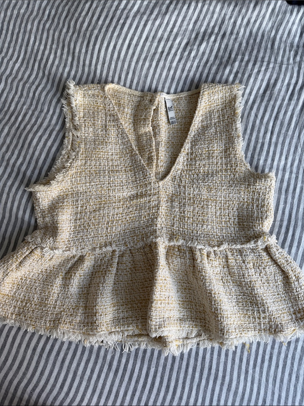 Zara Cream Tweed Peplum Sleeveless Top